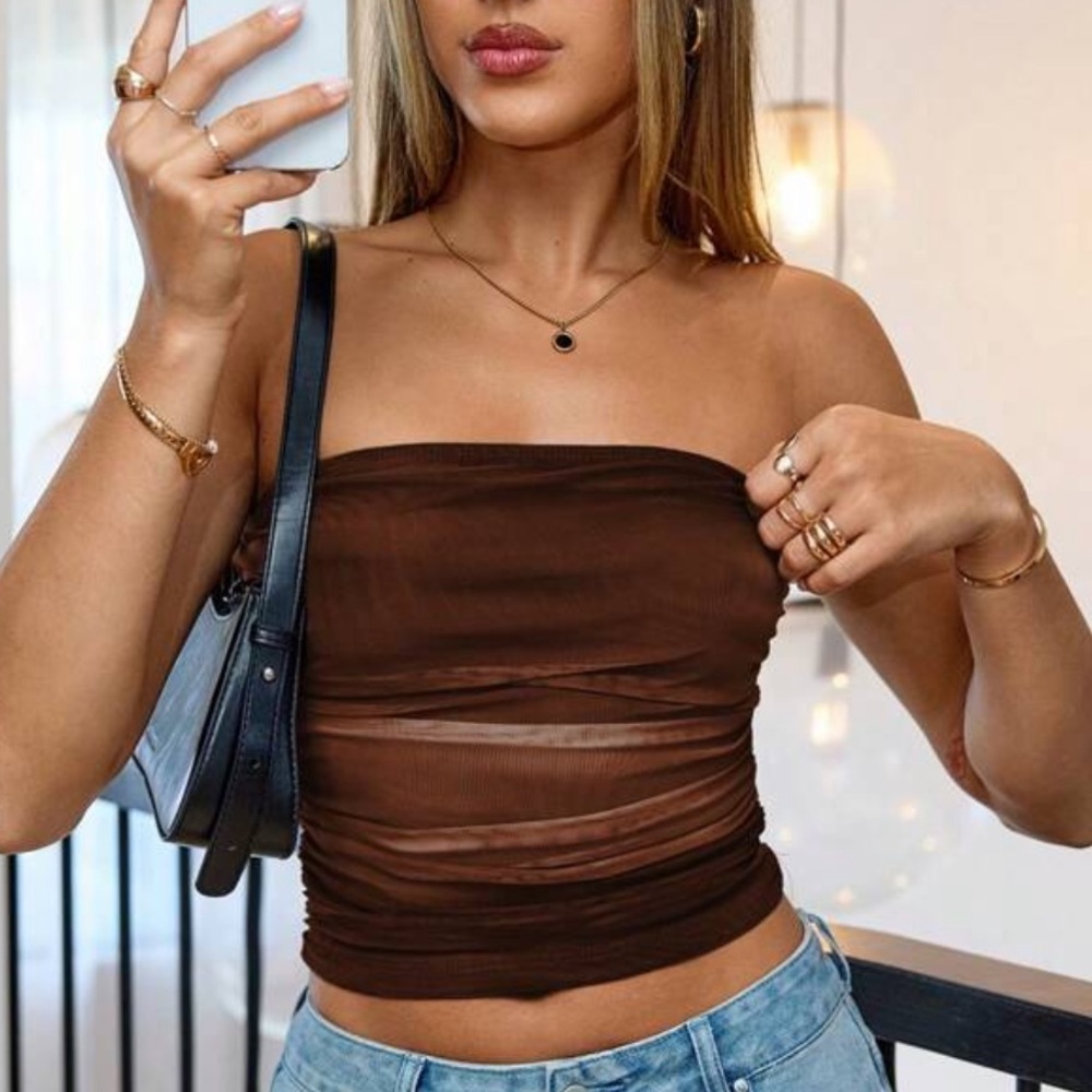 Brown mesh tie dye printed ruched strapless stretchy tube top double lined